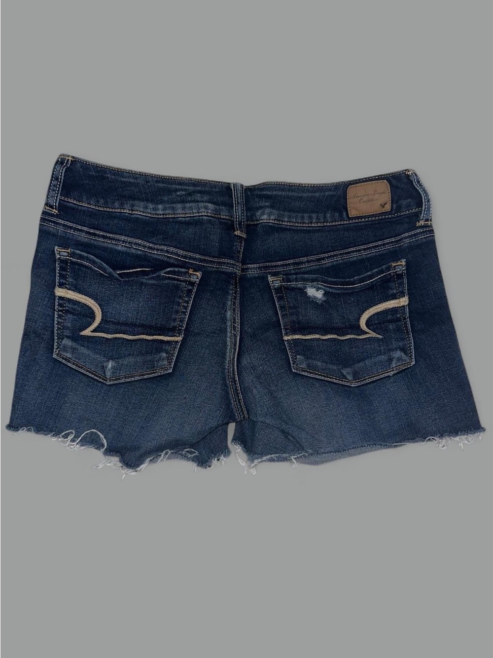 American Eagle AE Low Rise Dark Blue Distressed Ripped Denim Jean Shorts - Picture 2 of 4
